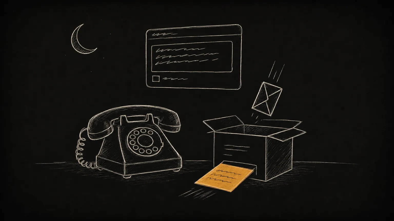 Sketch of a desk telephone beside a cardboard box with an envelope dropping in, a contact form floating above, a crescent moon, and one amber note card sliding back out of the box