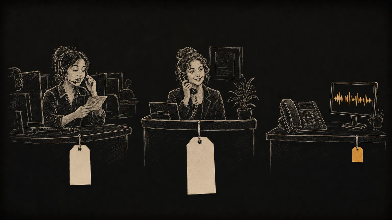 Sketch of three ways to answer a business phone, each desk with a price tag: a call-center operator in a headset reading a script, a receptionist at a front desk on the phone, and a desk phone beside a screen showing an amber voice waveform, whose tag is the smallest and amber