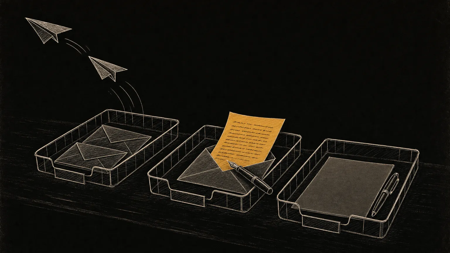 Sketch of three wire letter trays on a desk: paper planes lift off from the first tray on their own, the middle tray holds an amber letter half out of its envelope with a fountain pen across it, and the third holds a blank sheet and a pen