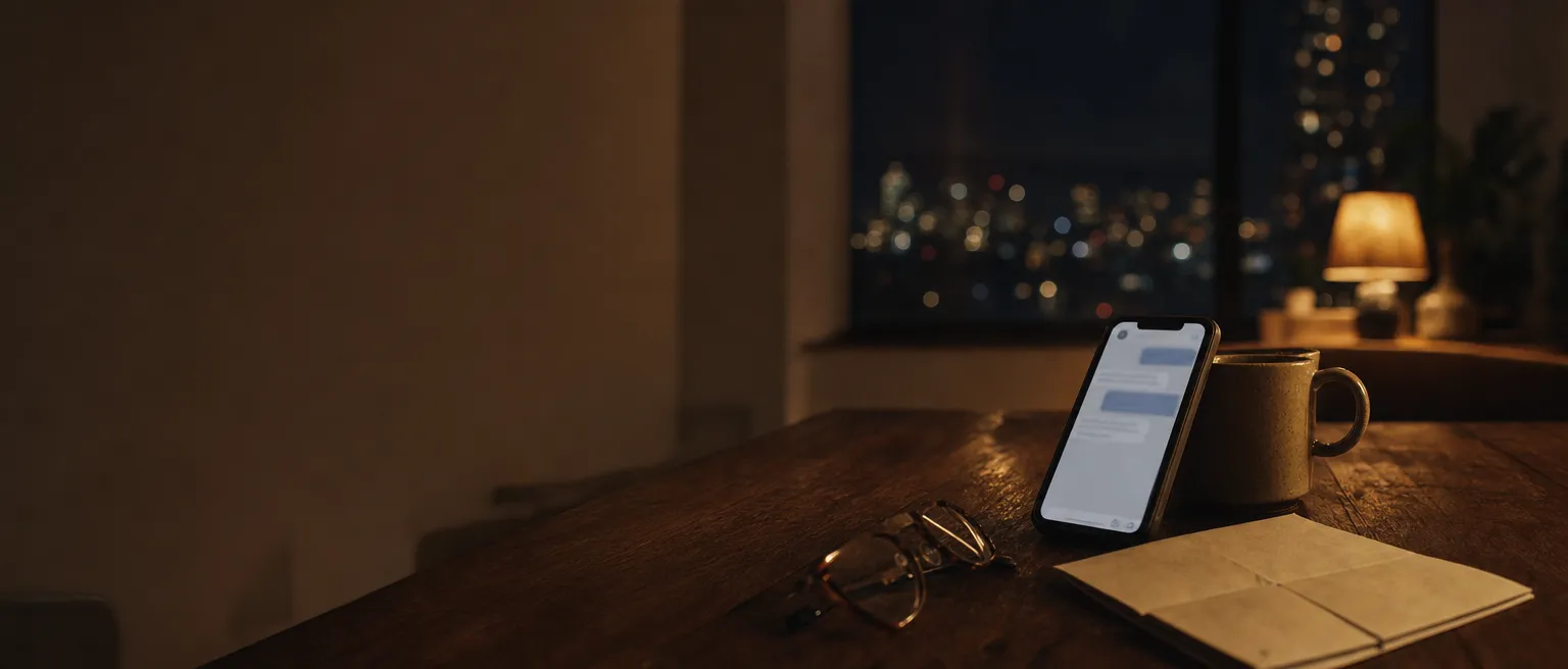 A smartphone on a kitchen table at night, its screen lit with a chat conversation