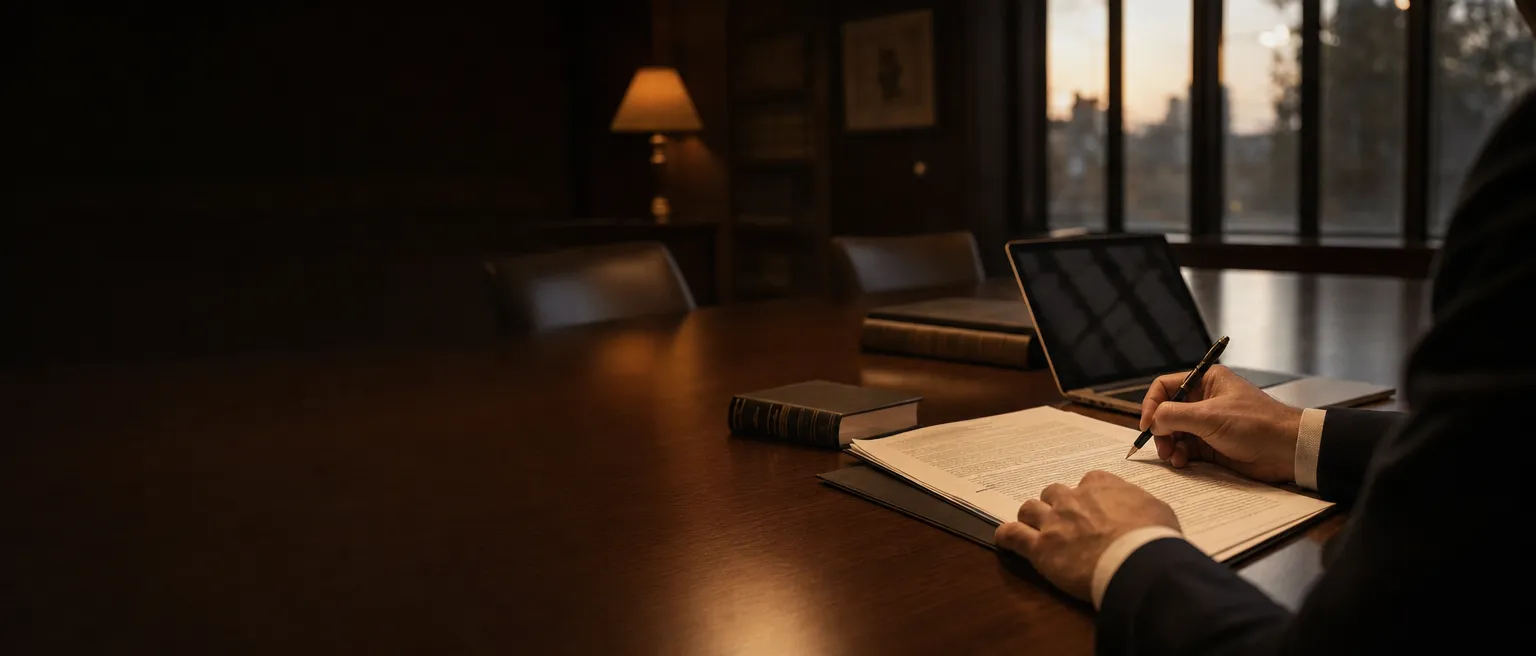 An attorney marking up a printed document with a pen at a conference table