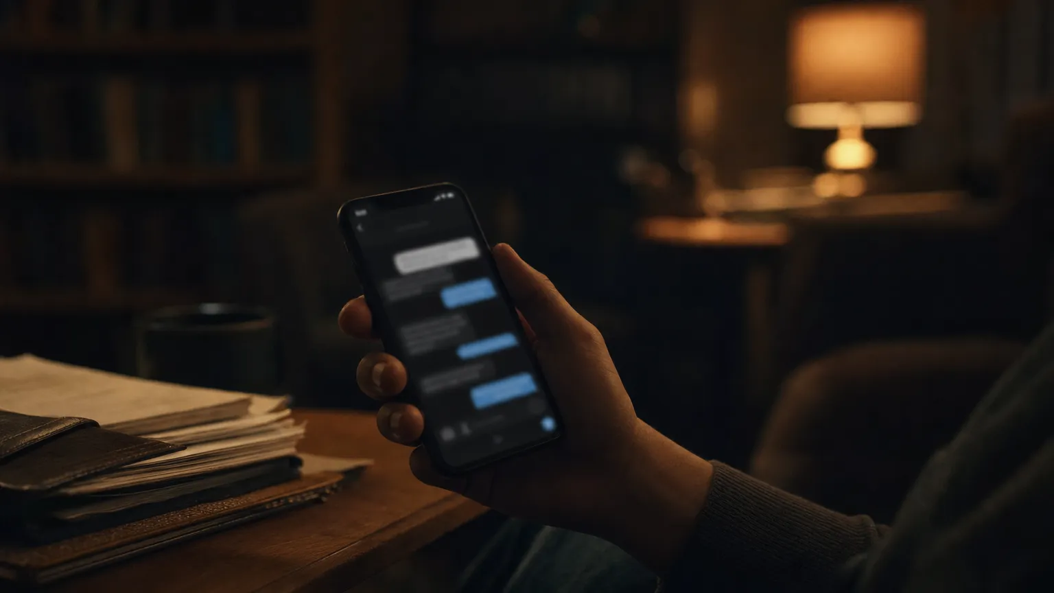 A hand holding a phone lit with a chat conversation