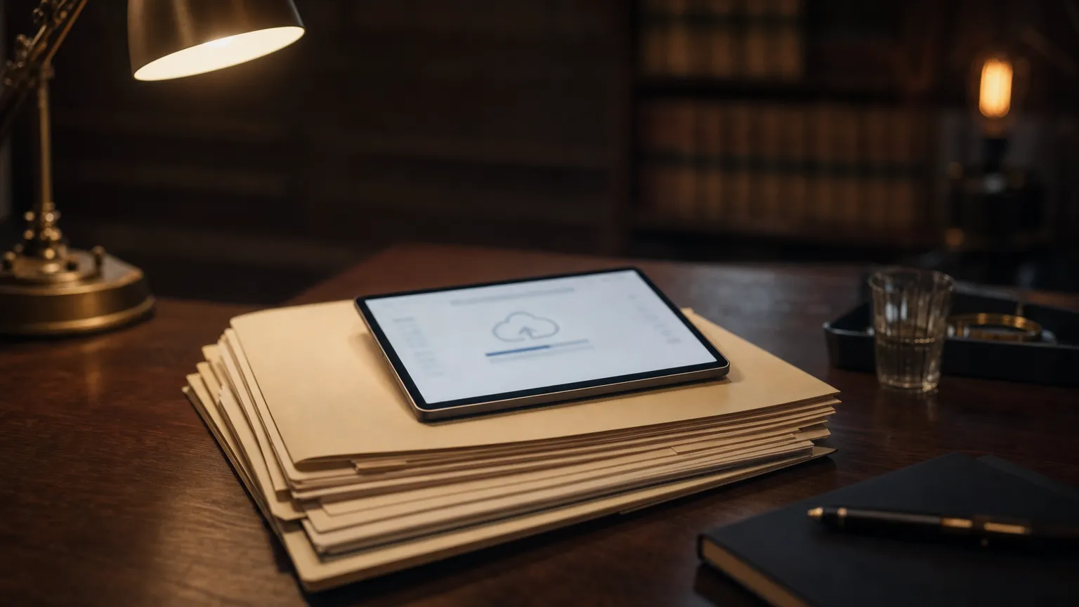 A stack of client folders with a tablet resting on top