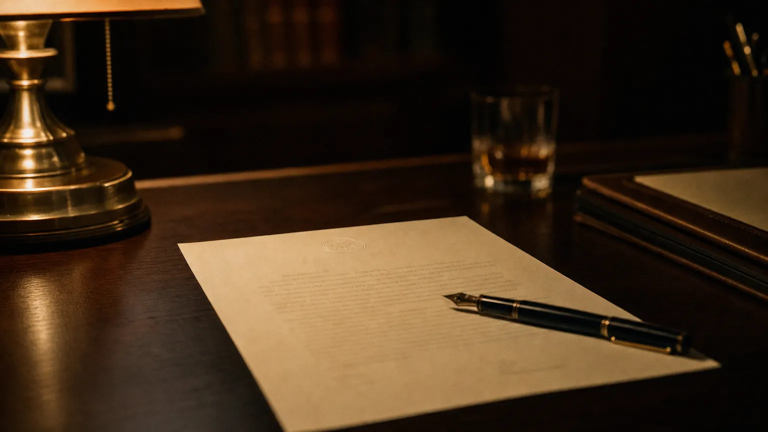 A one-page memo on cream letterhead beside a fountain pen