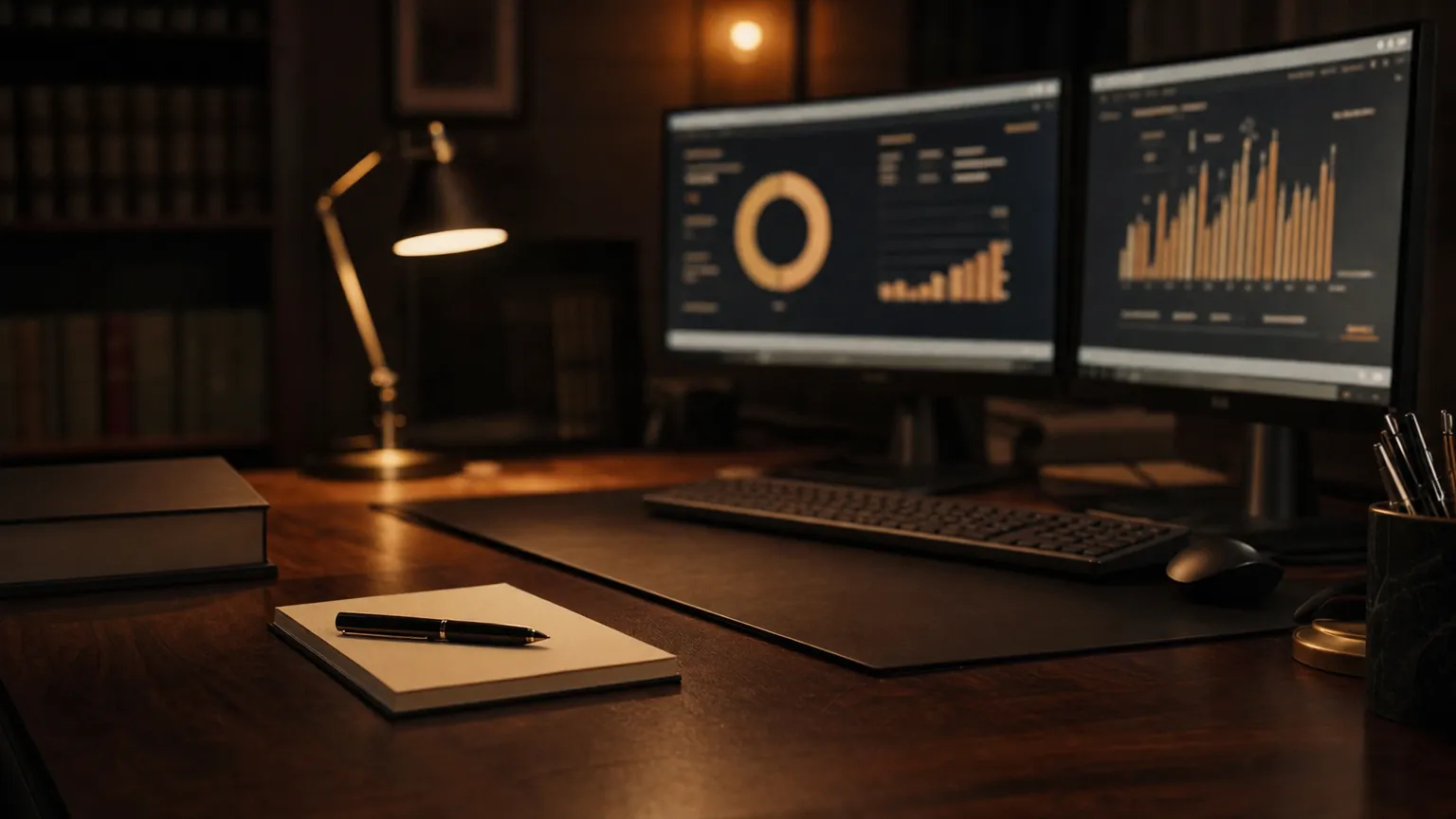 A law-office workstation with two monitors showing dashboards