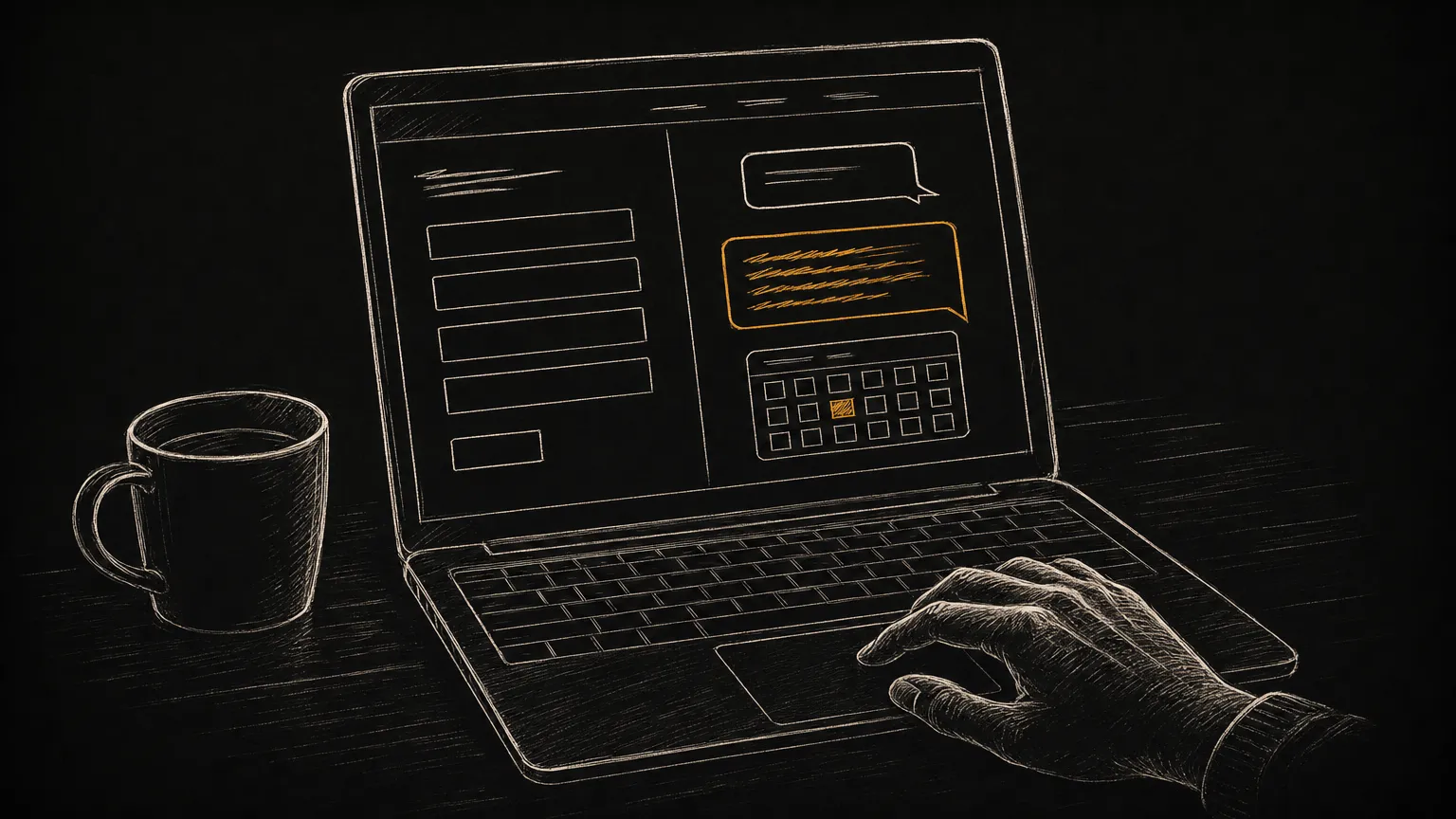 Sketch of an open laptop on a desk beside a coffee mug, a hand on the trackpad. The screen shows a website with an empty contact form on the left and a chat window on the right, where an amber reply bubble sits above a small calendar with one day marked in amber