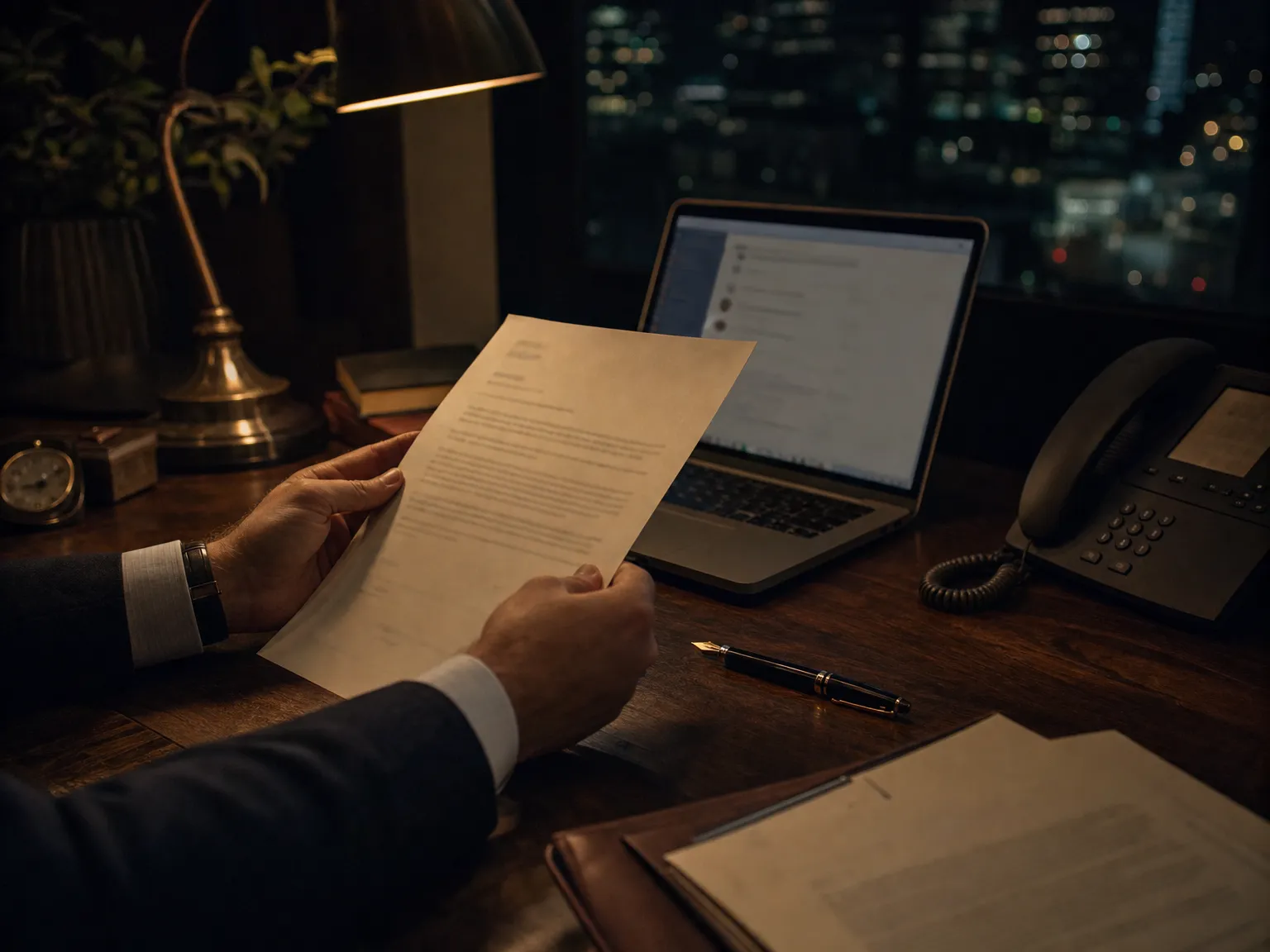 Hands holding a printed memo on letterhead at a law-office desk at night, a laptop chat panel glowing beside it