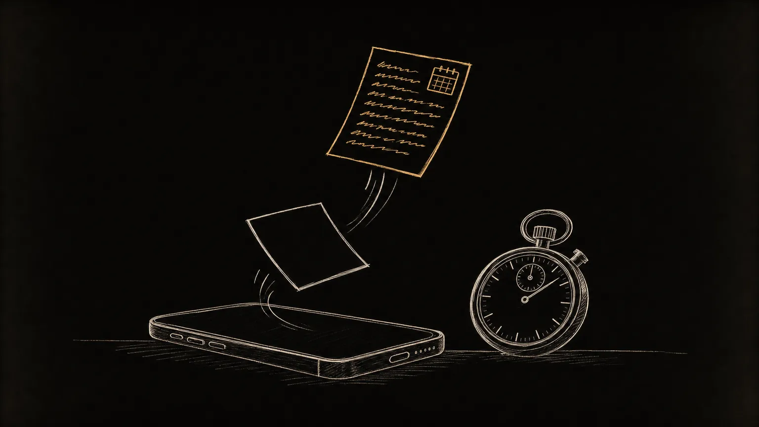 Sketch of a phone lying beside a stopwatch, with two reply cards rising out of it: a blank one just above the screen, and an amber one higher up, covered in lines of writing, with a small calendar in its corner