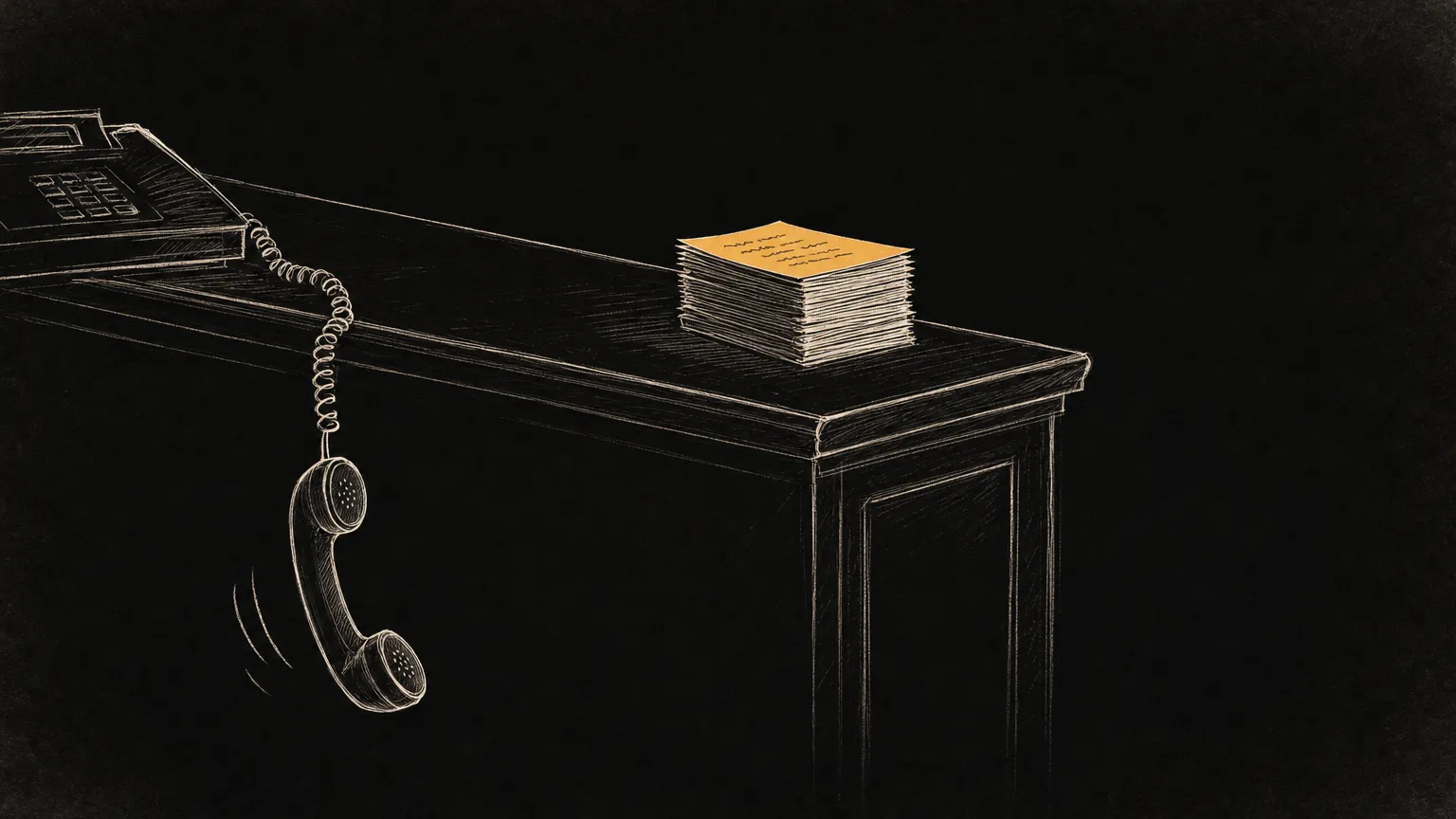 Sketch of an empty front desk where a telephone receiver hangs off the edge by its coiled cord, still swinging, beside a neat stack of message slips with the top one in amber