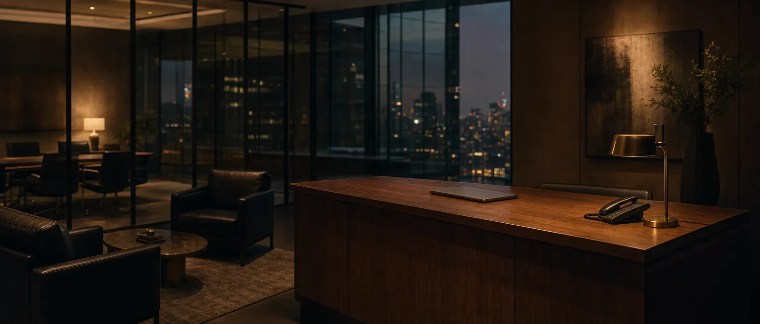 An empty law-office reception after hours with one lamp lit